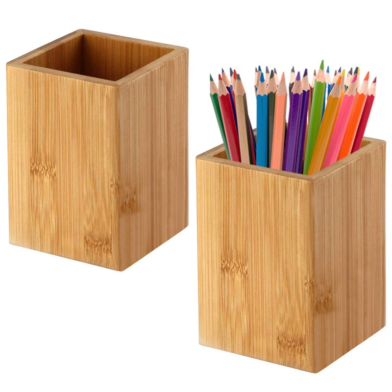 Cerpourt Pen Cup Holder,2 Pack Bamboo Wood Desk Pencil Holder Stand Multi Purpose Use Pencil Cup Pot Desk Accessories,Desktop Organizer Pencil Holder Ideal Gift for Office Home - Image 1